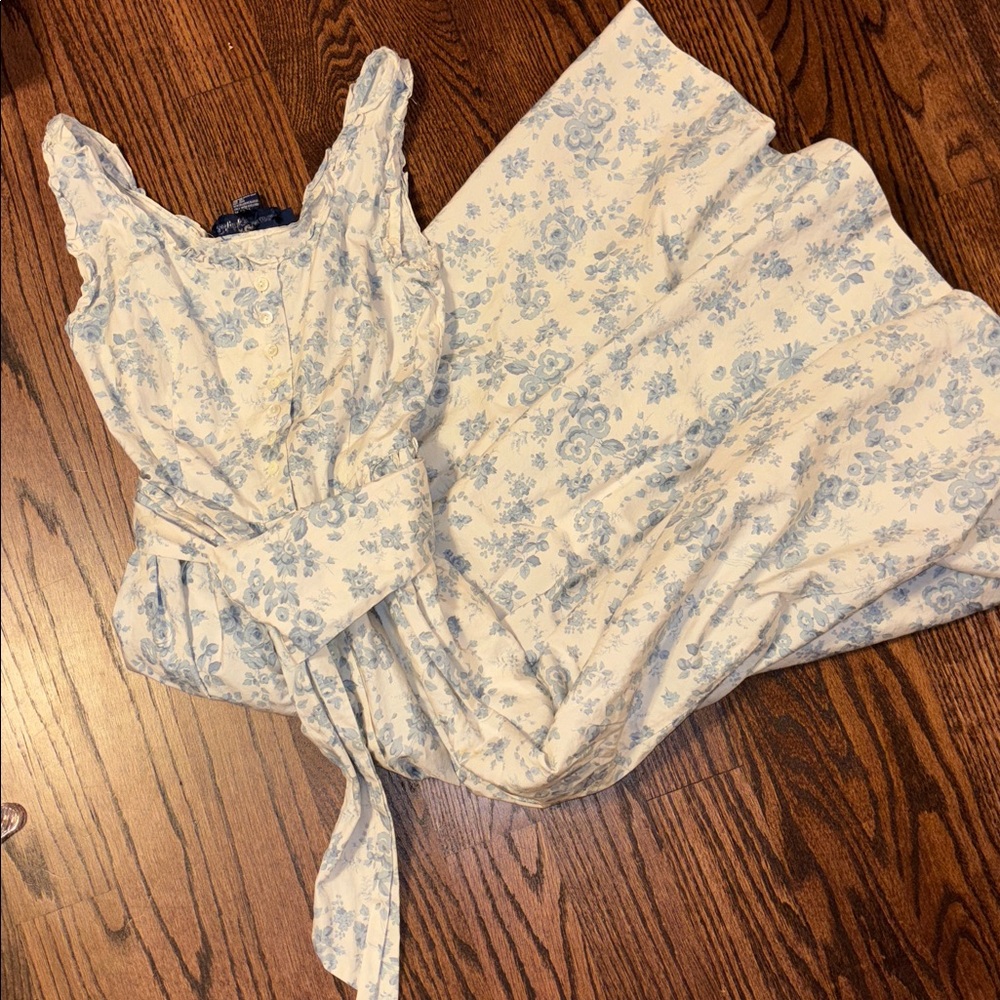 vintage RALPH LAUREN cotton blue white floral long sleeveless summer dress - Picture 6 of 6